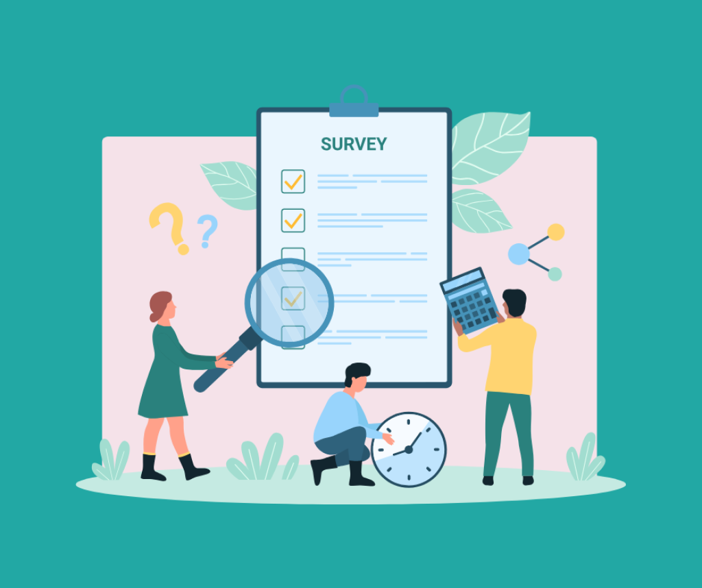 Illustration of a woman holding an oversized magnifying glass over survey results while a man crouches holding a clock and another man holds a calculator.