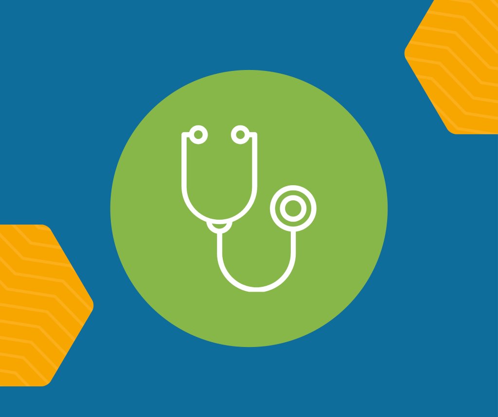 A stethoscope icon in a green circle on a blue background with yellow hexagon shapes at the edge of the image.