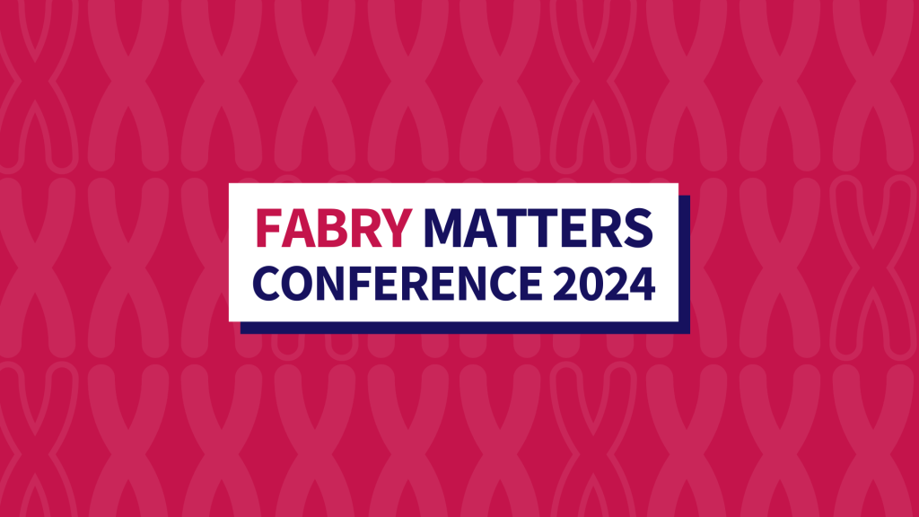 The words Fabry Matters Conference 2024 are shown against a background of x chromosomes on red.